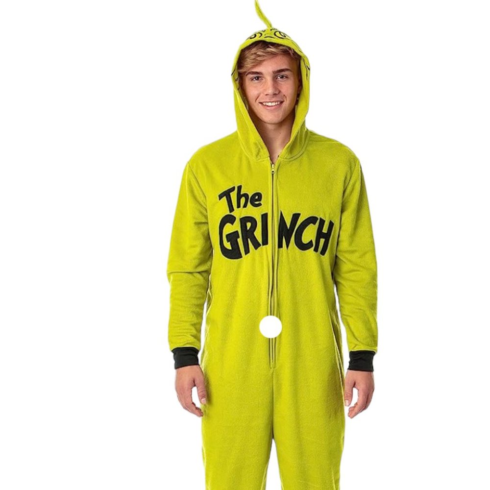 Dr. Seuss Grinch Women's Jumpsuit Pajama Costume with Grinch Face on Hood Size M